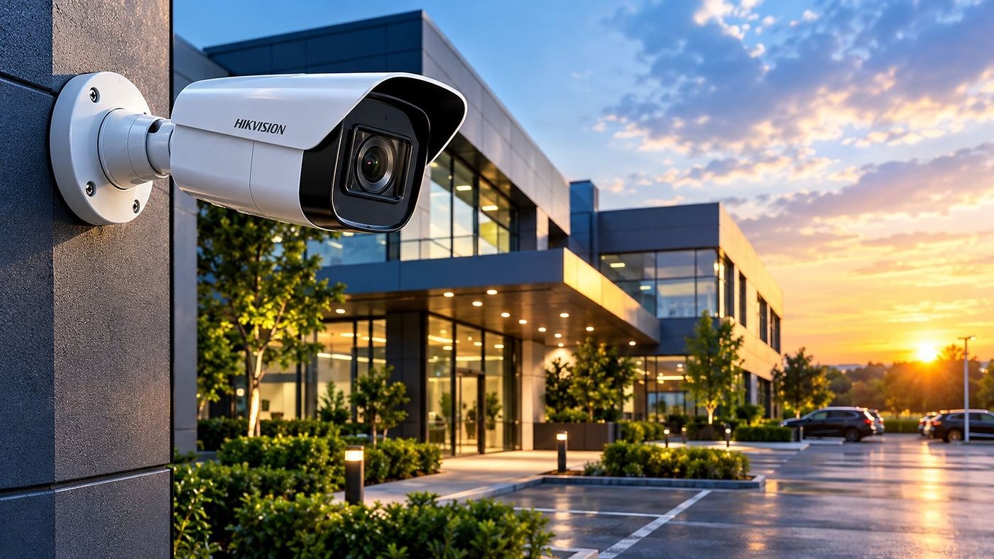 Hikvision camera on a modern London commercial building at sunset
