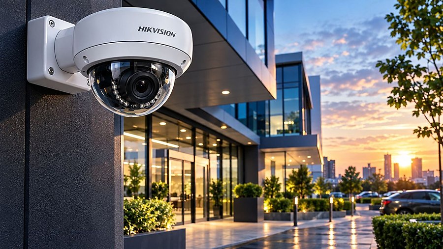 Hikvision dome camera on a modern London commercial building at sunset