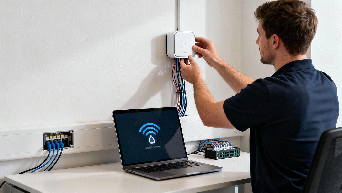 Engineer installing a Wi-Fi access point with cabling and a laptop